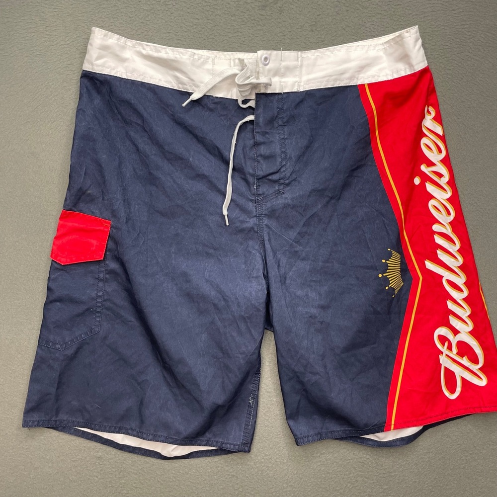 Budweiser Men Board Shorts Polyester 36 Vintage Beer Graphic Swim Trunks